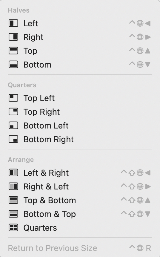 Move and Resize sub-menu