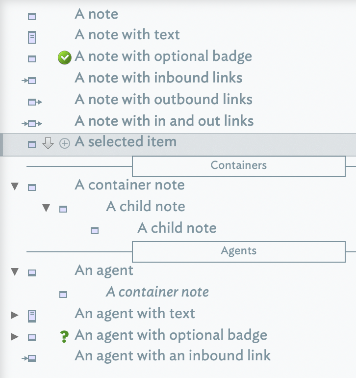 Note icons and controls in Outline view