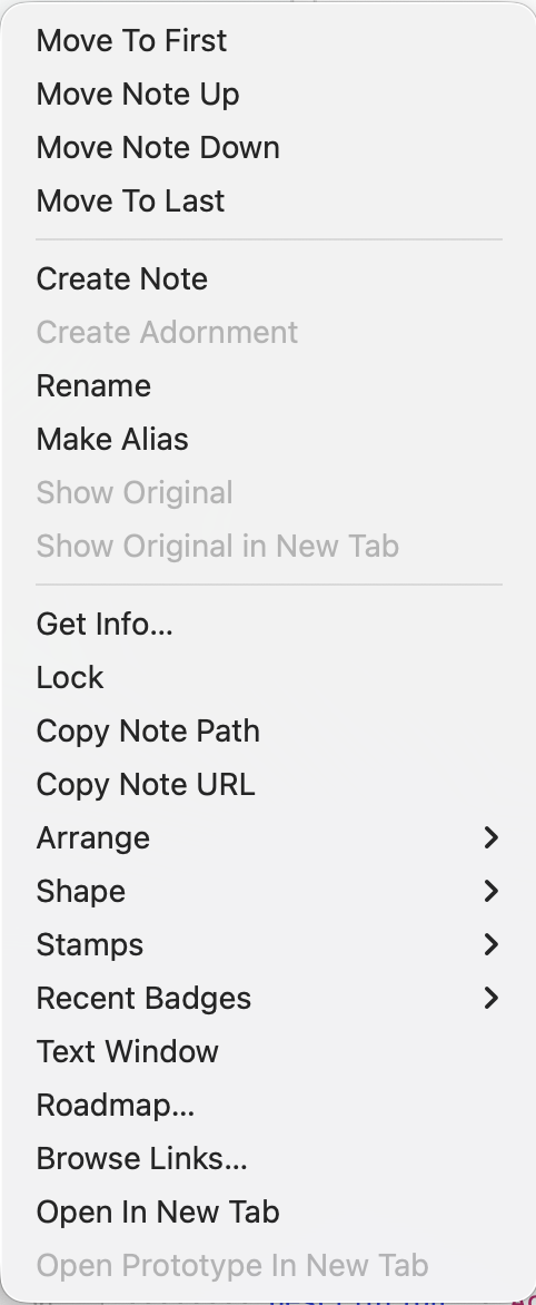View pane (note selected), pop-up menu