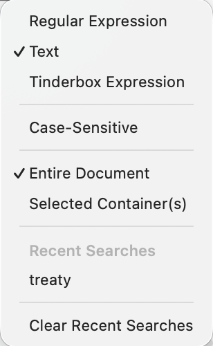 View pane Find toolbar, pop-up menu