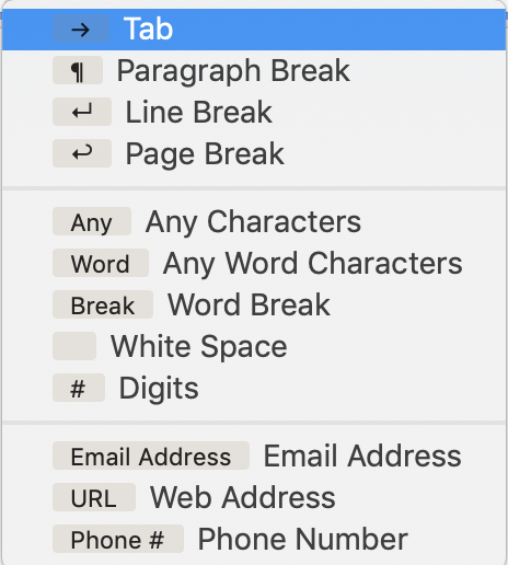 Text pane, Find input Pattern pop-up