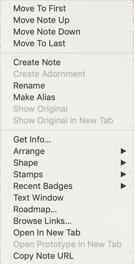 View pane (note selected), pop-up menu